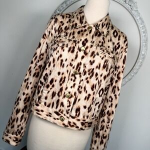 Chicos Womens Cropped Jacket Brown Leopard Print Pocket‎ Studs Stretch 2 Medium